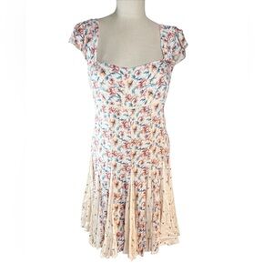 Free People Peach Floral Cap Sleeve Dress with Lace Up Back Sz L EUC Summer